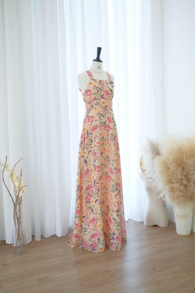 Yellow floral chiffon bridesmaid dress - Lilian
