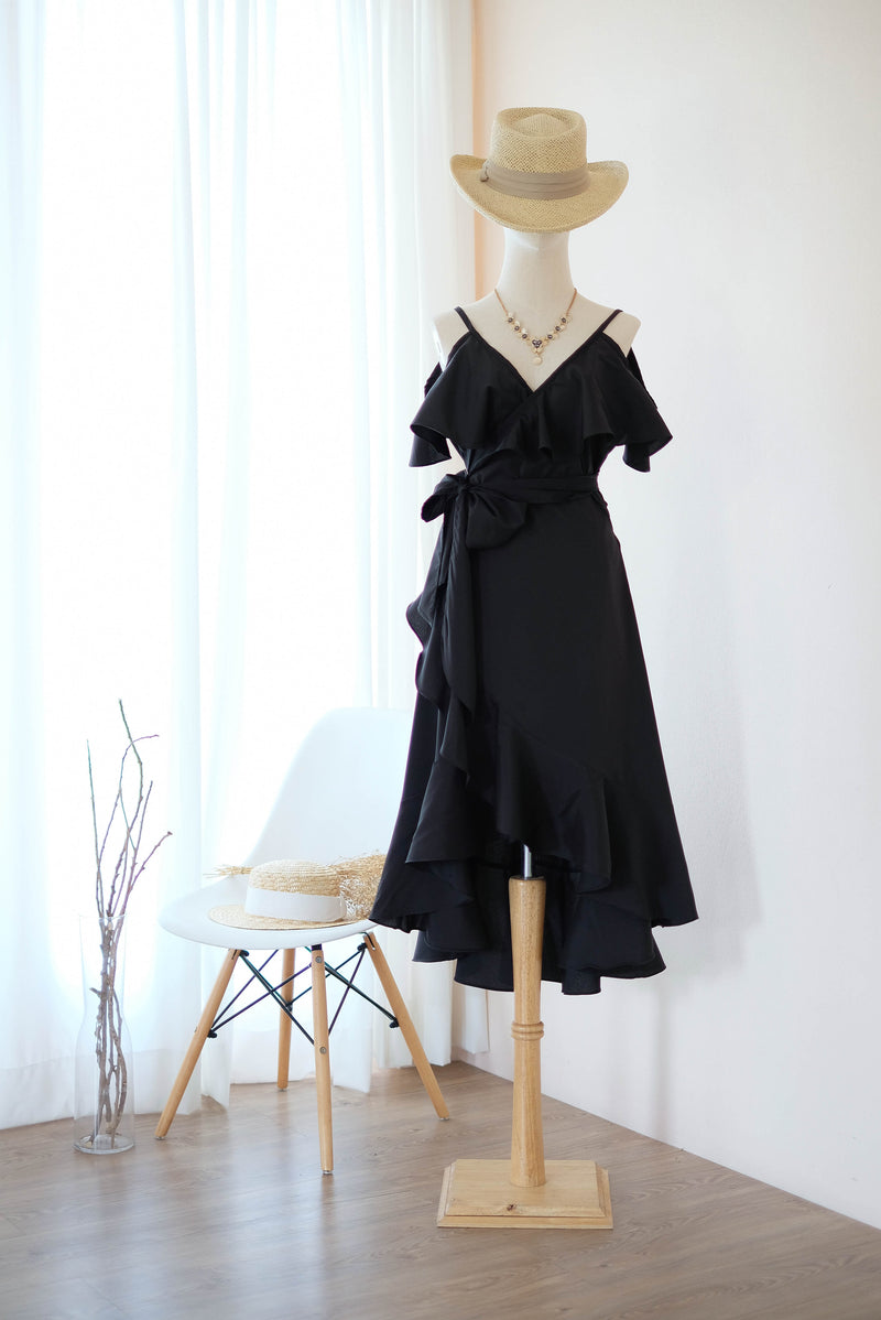 ROSE - Drop shoulder black bridesmaid wrap dress