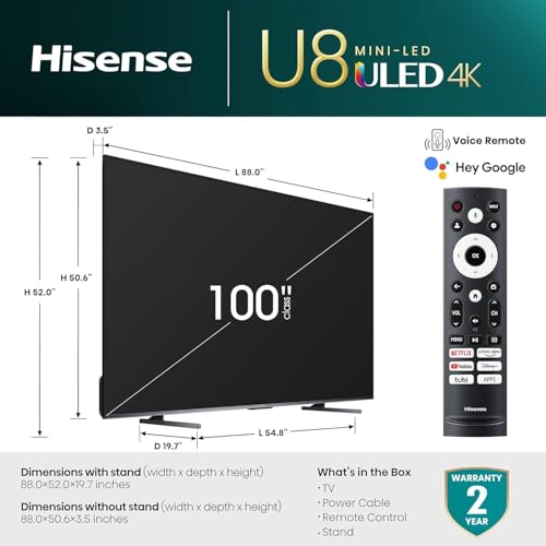 Hisense 100-Inch Class U8 Series Mini-LED ULED 4K UHD Google Smart TV (100U8K) - QLED, 480 Motion Rate, 144Hz Game Mode Pro, Dolby Vision IQ, HDMI 2.1, Alexa Compatibility, 2.1.2 Multi-Channel Audio