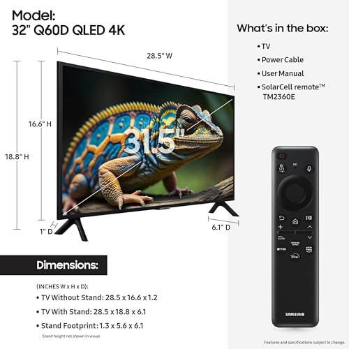 SAMSUNG 32-Inch Class QLED 4K Q60D Series Quantum HDR Smart TV w/Object Tracking Sound Lite, Motion Xcelerator, Slim Design, Gaming Hub, Alexa Built-in (QN32Q60D, 2024 Model)