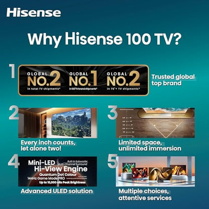 Hisense 100-Inch Class U8 Series Mini-LED ULED 4K UHD Google Smart TV (100U8K) - QLED, 480 Motion Rate, 144Hz Game Mode Pro, Dolby Vision IQ, HDMI 2.1, Alexa Compatibility, 2.1.2 Multi-Channel Audio