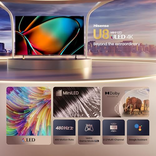 Hisense 100-Inch Class U8 Series Mini-LED ULED 4K UHD Google Smart TV (100U8K) - QLED, 480 Motion Rate, 144Hz Game Mode Pro, Dolby Vision IQ, HDMI 2.1, Alexa Compatibility, 2.1.2 Multi-Channel Audio