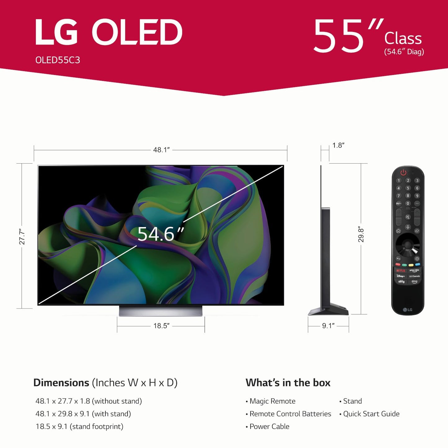 LG C3 Series 55-Inch Class OLED evo 4K Processor Smart Flat Screen TV for Gaming with Magic Remote AI-Powered OLED55C3PUA, 120Hz Refresh rate, 2023 with Alexa Built-in