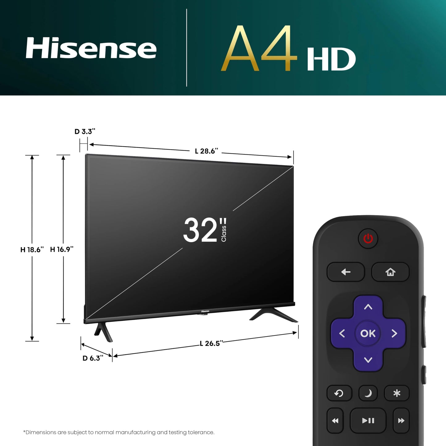 Hisense 32-Inch Class A4 Series HD 720p Smart Roku TV with Alexa Compatibility (32A4HNR, 2024 Model) - Dolby Audio, Slim Bezel Design, Google Assistant