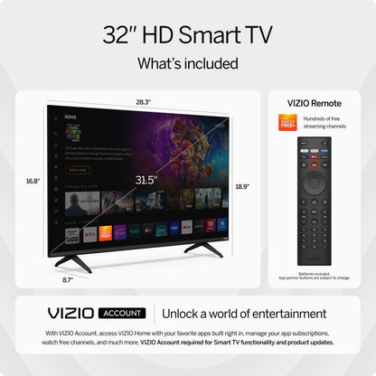 VIZIO 32-inch HD 720p LED Smart TV w/Alexa Compatibility, Google Cast Built-in, Bluetooth Headphone Capable (VHD32M-08, New)