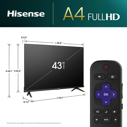 Hisense 43-Inch Class A4 Series FHD 1080p Smart Roku TV with Alexa Compatibility (43A4NR, 2024 Model) - Dolby Audio, Slim Bezel Design, Google Assistant