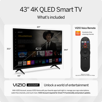 VIZIO 43-inch Quantum 4K QLED HDR Smart TV w/Dolby Vision HDR, 120fps @1080p PC Gaming, WiFi 6, Bluetooth Headphone Capable, Apple AirPlay, Google Cast Built-in (VQD43M-0801, New)