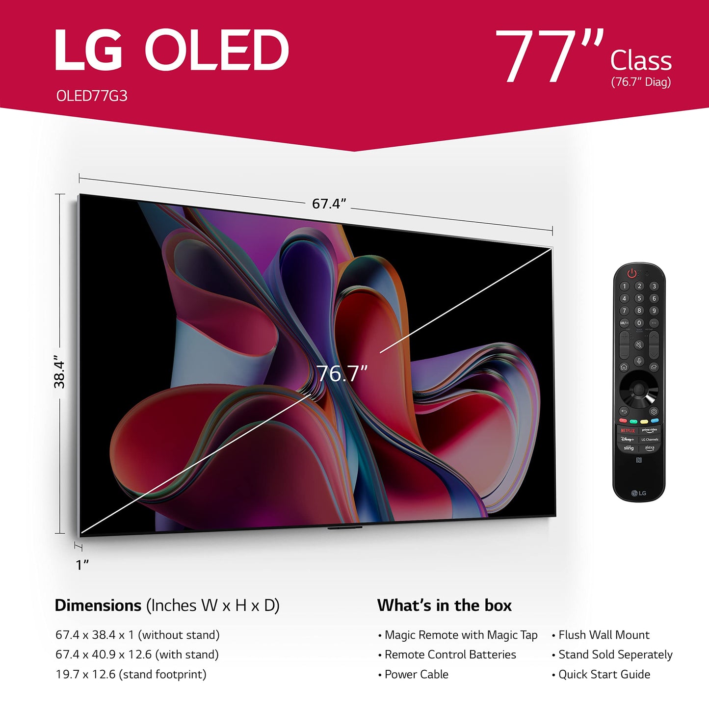 LG G3 Series 77-Inch Class OLED evo 4K Processor Smart Flat Screen TV for Gaming with Magic Remote AI-Powered Gallery Edition OLED77G3PUA, 2023 with Alexa Built-in