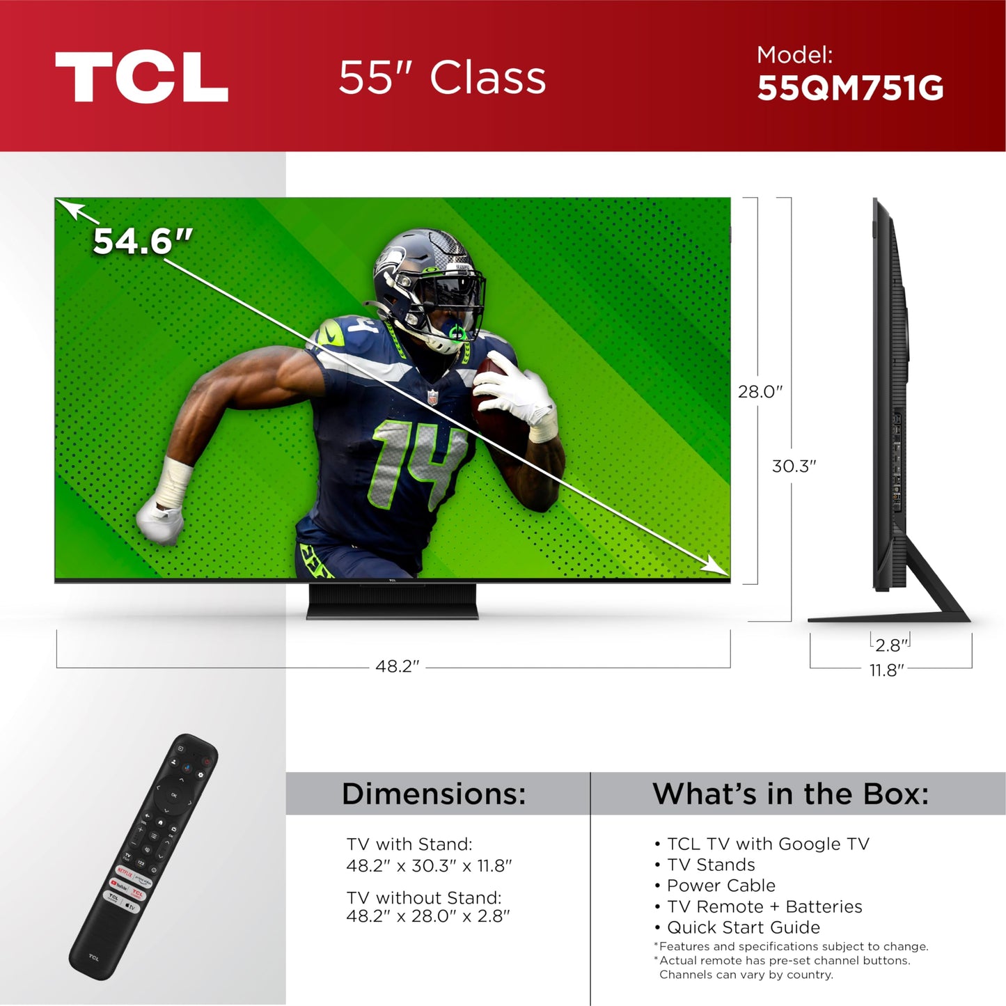 TCL 55-Inch QM7 QLED 4K Smart QD-Mini LED TV with Google TV (55QM751G, 2024 Model) Dolby Vision IQ, Dolby Atmos, HDR, Game Accelerator up to 120Hz, Voice Remote, Works with Alexa, Streaming Television