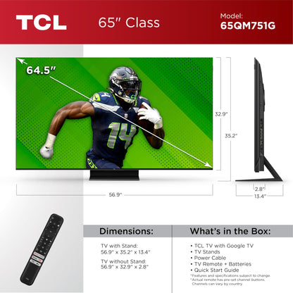 TCL 65-Inch QM7 QLED 4K Smart QD-Mini LED TV with Google TV (65QM751G, 2024 Model) Dolby Vision IQ, Dolby Atmos, HDR, Game Accelerator up to 240Hz, Voice Remote, Works with Alexa, Streaming Television