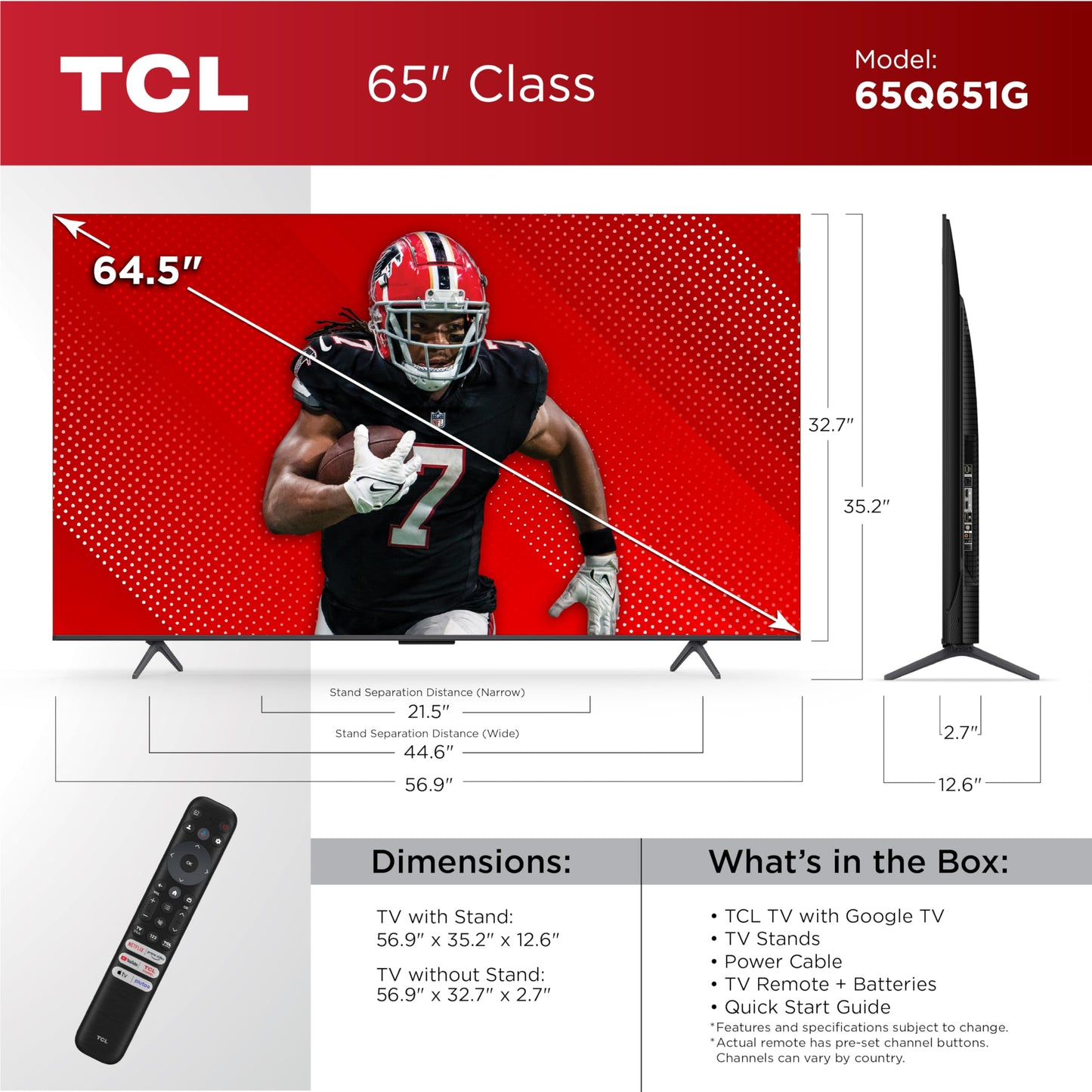 TCL 65-Inch Q65 QLED 4K UHD Smart TV with Google TV (65Q651G, 2024 Model) Dolby Vision, Dolby Atmos, HDR Pro+, Game Accelerator Enhanced Gaming, Voice Remote, Works with Alexa, Streaming Television