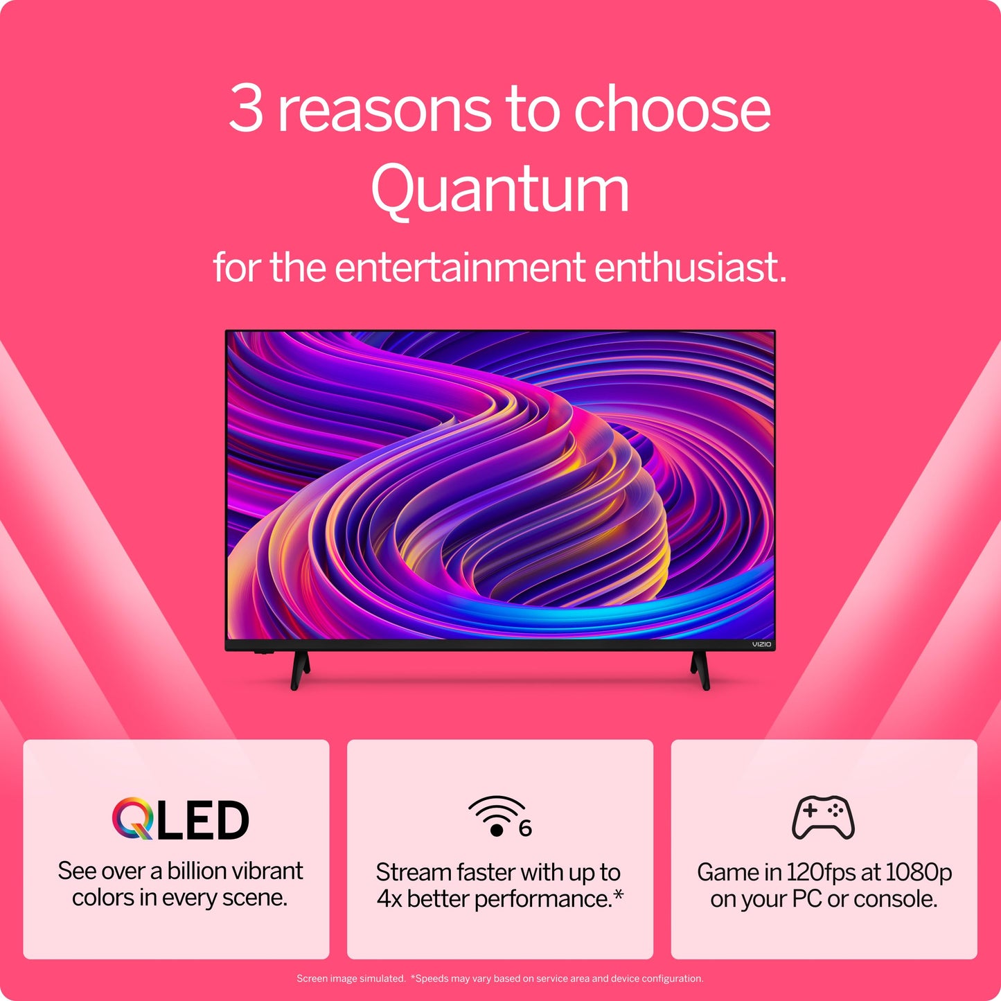 VIZIO 43-inch Quantum 4K QLED HDR Smart TV w/Dolby Vision HDR, 120fps @1080p PC Gaming, WiFi 6, Bluetooth Headphone Capable, Apple AirPlay, Google Cast Built-in (VQD43M-0801, New)