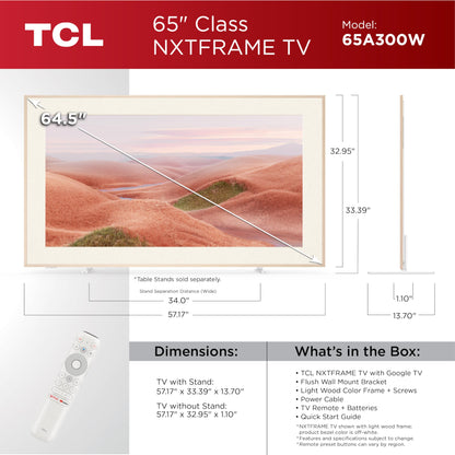 TCL 65-Inch Class QLED 4K Smart NXTFRAME TV with Google TV (65A300W, 2024 Model) Dolby Vision HDR & Dolby Atmos, Built-in Google Assistant with Voice Remote, Works with Alexa, Streaming Television