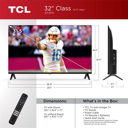 TCL 32-Inch Class S3 1080p LED Smart TV with Google TV (32S350G, 2023 Model), Google Assistant Built-in with Voice Remote, Compatible with Alexa, Streaming FHD Television,Black