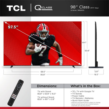 TCL 98-Inch Q65 QLED 4K UHD Smart TV with Google TV (98Q651G, 2024 Model) Dolby Vision, Dolby Atmos, HDR Pro+, Game Accelerator Enhanced Gaming, Voice Remote, Works with Alexa, Streaming Television