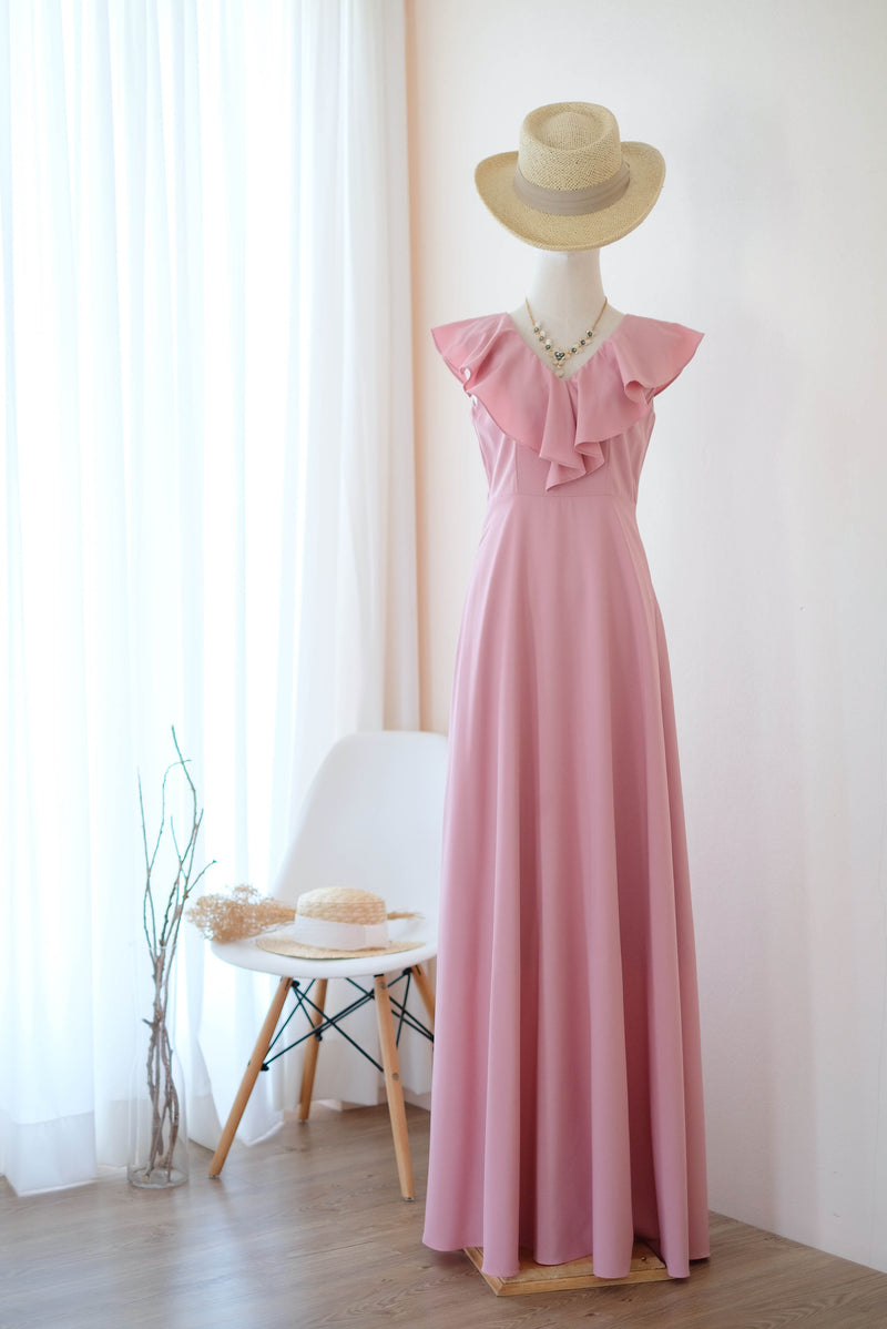 Pink dress Pink nude bridesmaid dress ruffle neck party dress maxi pink cocktail wedding guest dress party vintage dress - Avery