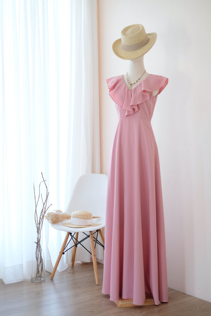 Pink dress Pink nude bridesmaid dress ruffle neck party dress maxi pink cocktail wedding guest dress party vintage dress - Avery