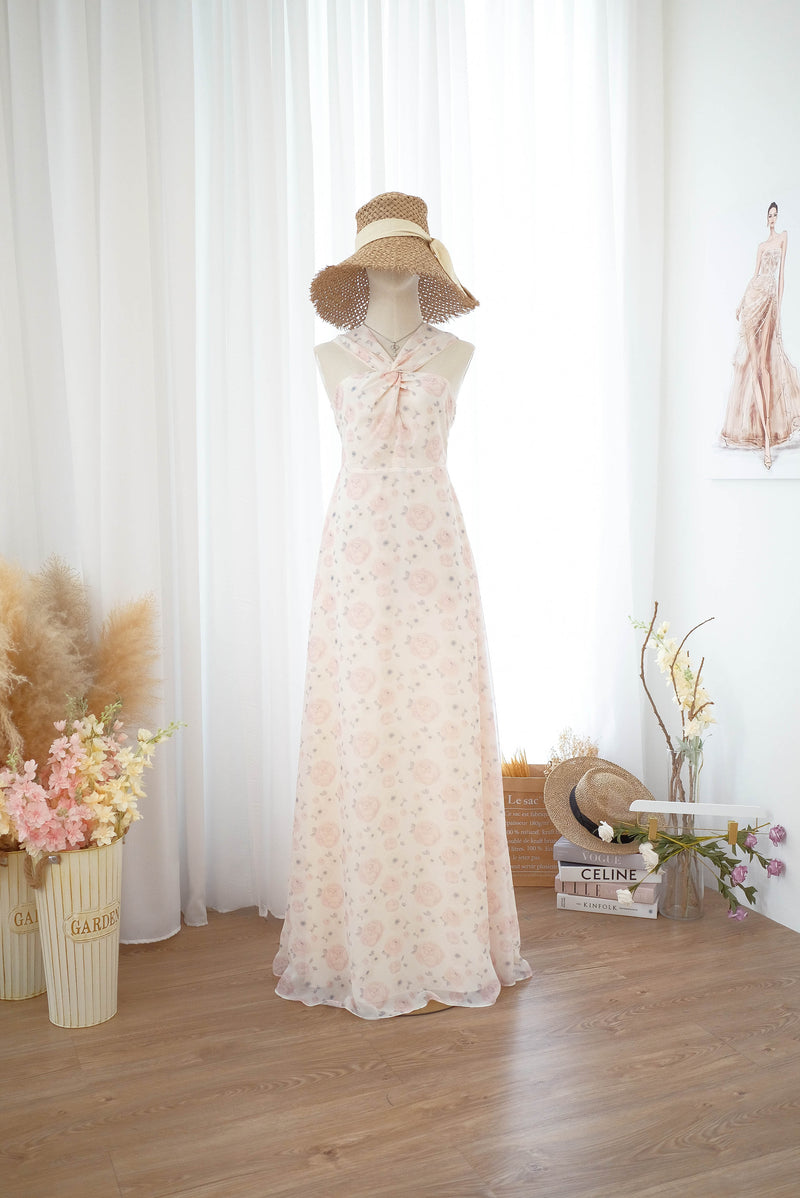 Pale pink floral Bridal dress Wedding gown Twist neck bridesmaid party dress Chiffon dress - Gloria