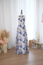Royal blue floral Bridal dress Wedding gown Twist neck bridesmaid party dress Chiffon dress - Gloria