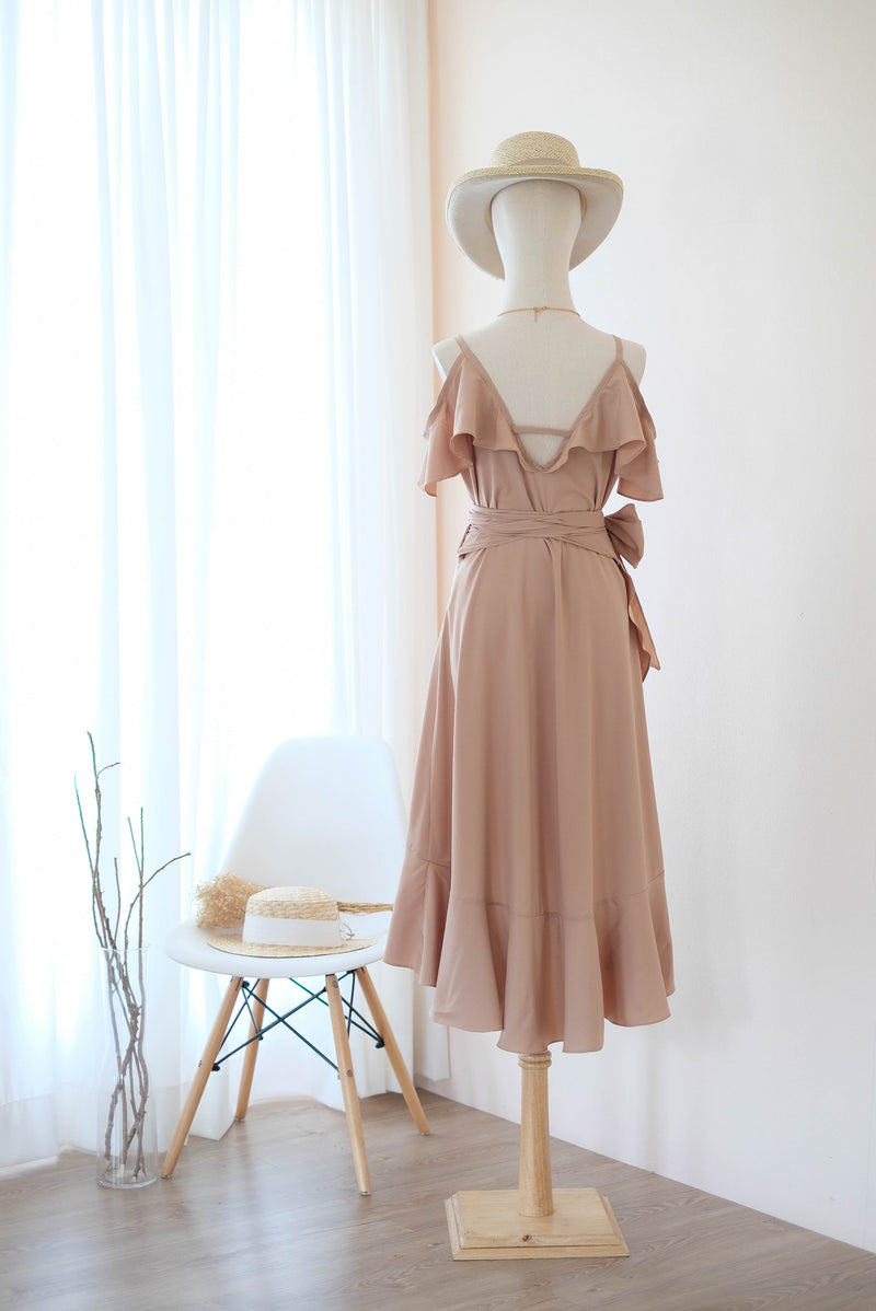 Taupe bridesmaid dress Taupe Midi party Women dress Drop shoulder dress Wedding guest dress Asymmetrically dress - ROSE