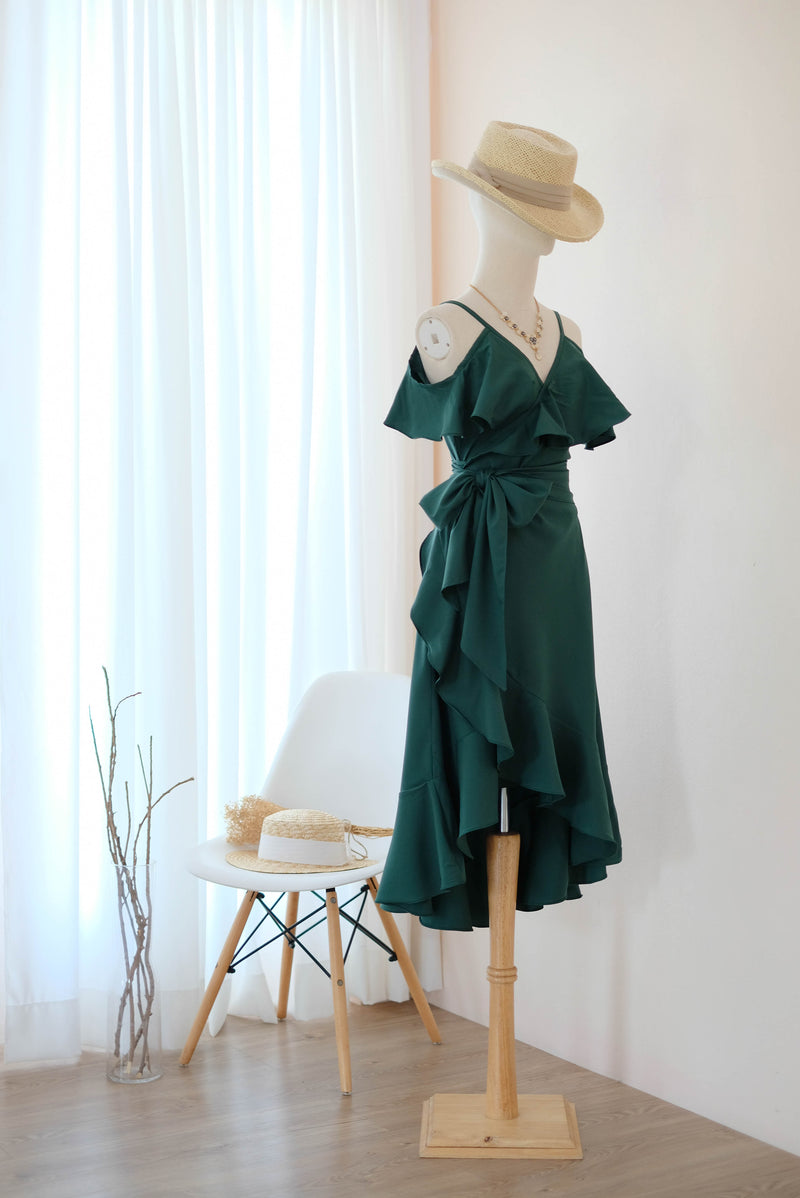 Forest green bridesmaid dress Green Midi party Women dress Drop shoulder dress Wedding guest dress Asymmetrically dress - ROSE