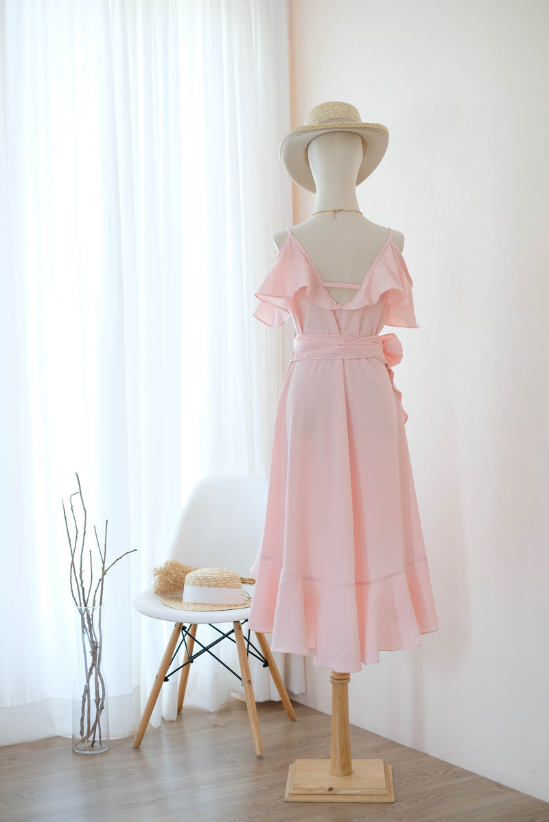 Pink blush bridesmaid dress Pink Midi party Women dress Drop shoulder dress Wedding guest dress Asymmetrically dress - ROSE