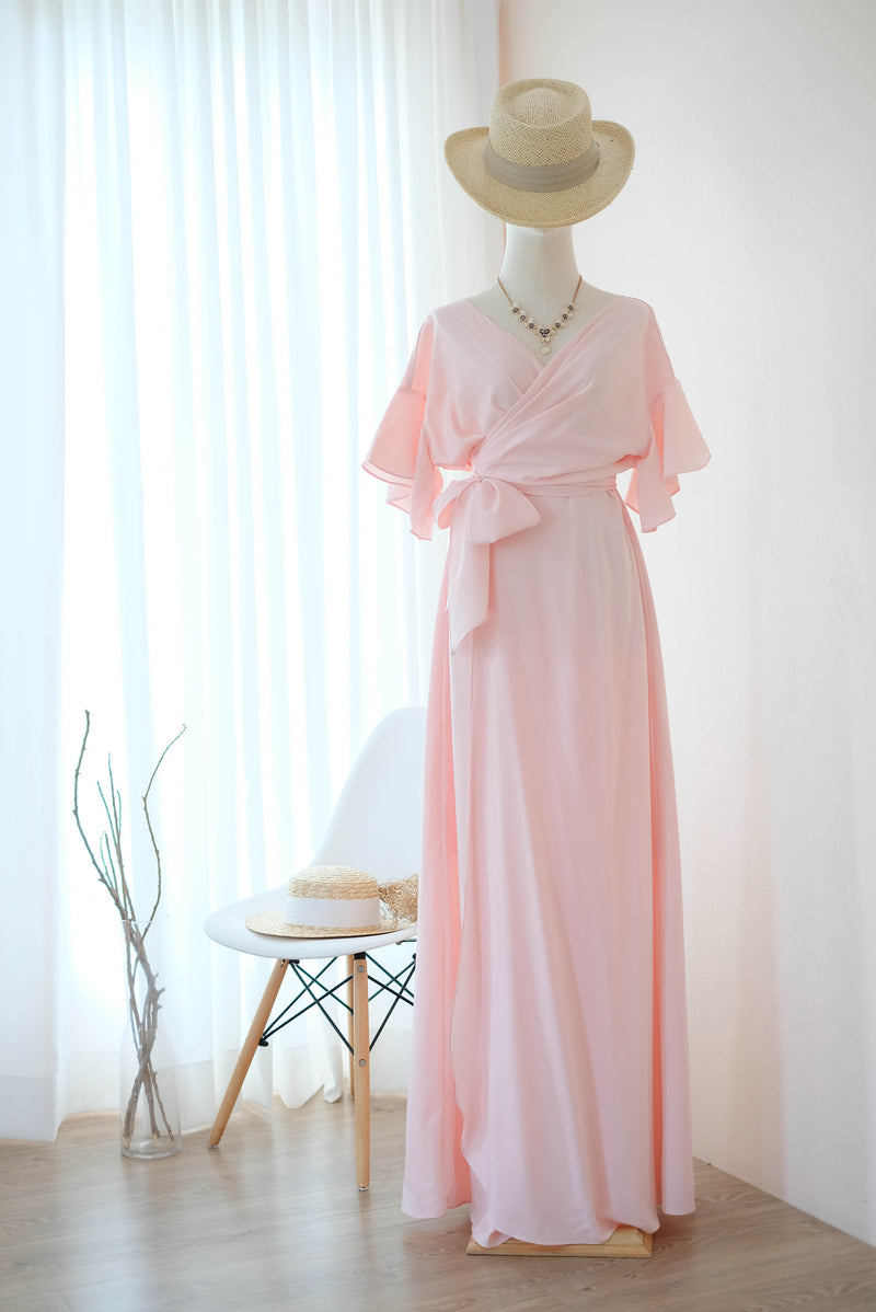 Pink blush dress Maxi party bridesmaid dresses Cocktail wedding guest wrap dress floor length short sleeve dresses - ROSE