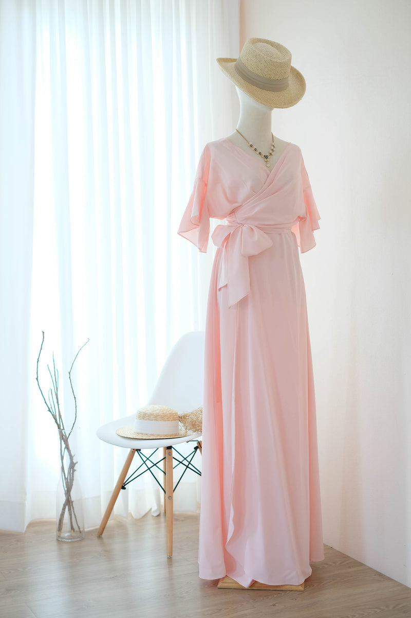 Pink blush dress Maxi party bridesmaid dresses Cocktail wedding guest wrap dress floor length short sleeve dresses - ROSE