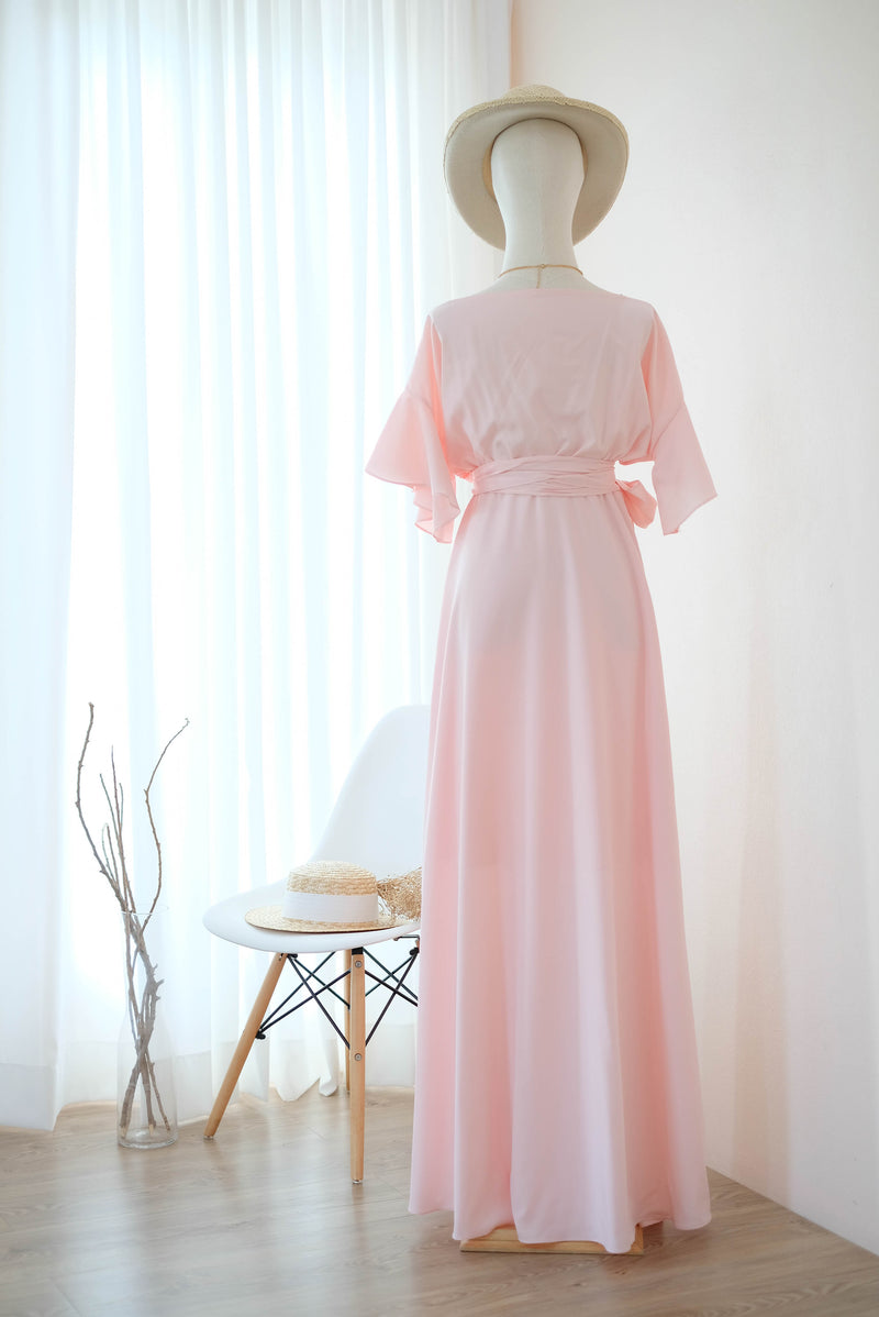 Pink blush dress Maxi party bridesmaid dresses Cocktail wedding guest wrap dress floor length short sleeve dresses - ROSE