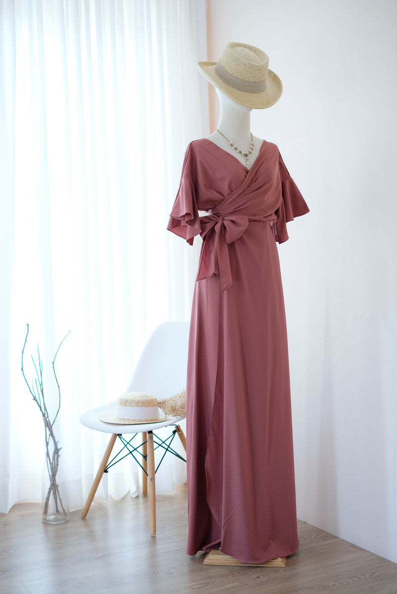 Dark English rose pink dress Maxi party bridesmaid dresses Cocktail wedding guest wrap dress floor length short sleeve dresses - ROSE