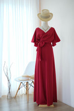 Blood red dress Maxi party bridesmaid dresses Cocktail wedding guest wrap dress floor length short sleeve dresses - ROSE