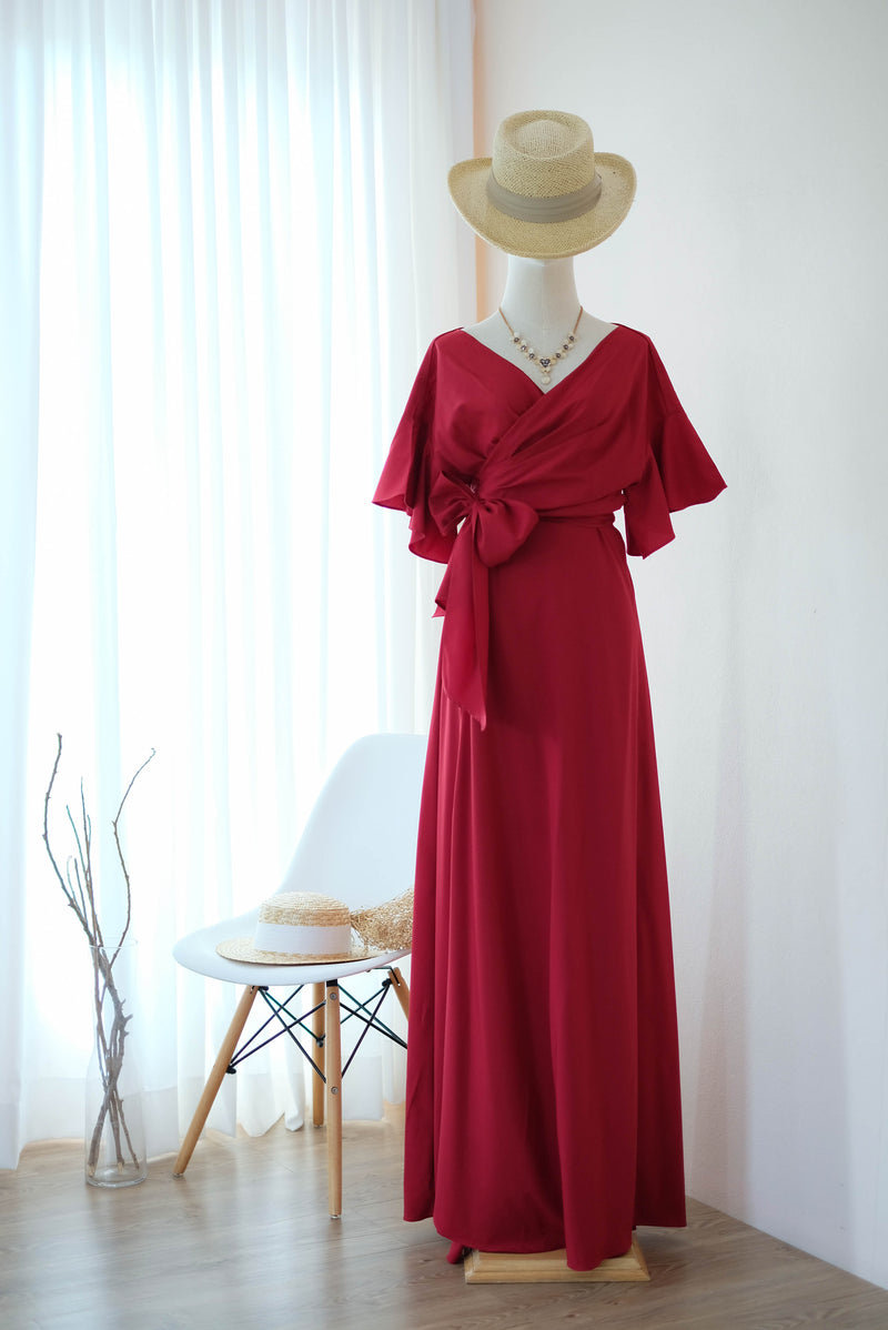 Blood red dress Maxi party bridesmaid dresses Cocktail wedding guest wrap dress floor length short sleeve dresses - ROSE