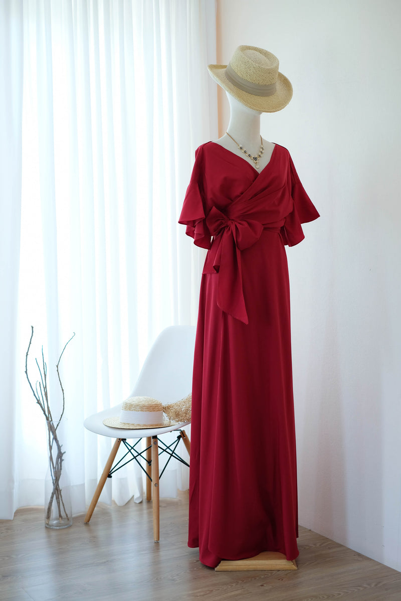 Blood red dress Maxi party bridesmaid dresses Cocktail wedding guest wrap dress floor length short sleeve dresses - ROSE