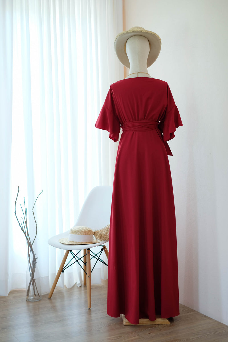 Blood red dress Maxi party bridesmaid dresses Cocktail wedding guest wrap dress floor length short sleeve dresses - ROSE