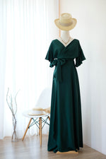 Dark green dress Forest green party bridesmaid dresses Cocktail wedding guest wrap dress floor length short sleeve green dresses