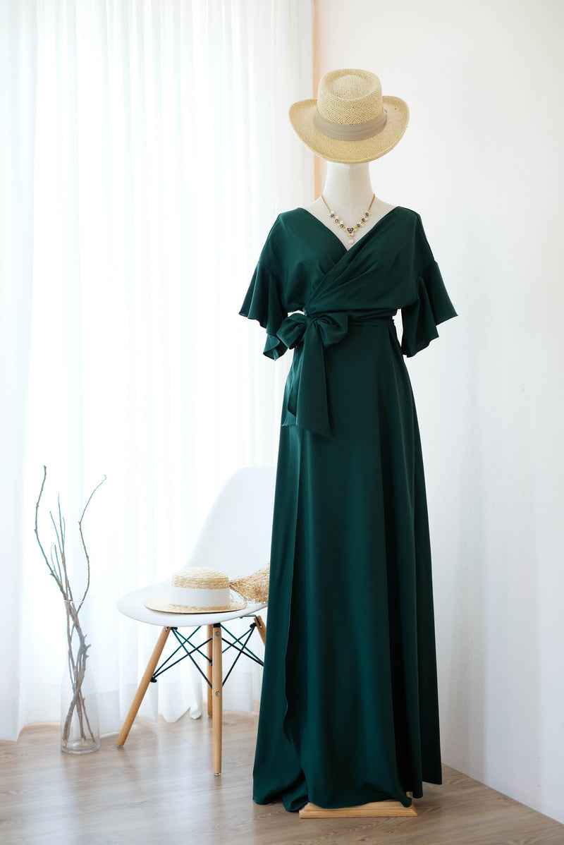 Dark green dress Forest green party bridesmaid dresses Cocktail wedding guest wrap dress floor length short sleeve green dresses