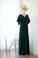 Dark green dress Forest green party bridesmaid dresses Cocktail wedding guest wrap dress floor length short sleeve green dresses