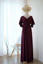 Maroon Maxi party bridesmaid dresses Cocktail wedding guest wrap dress floor length short sleeve dresses - ROSE