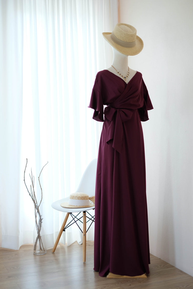 Maroon Maxi party bridesmaid dresses Cocktail wedding guest wrap dress floor length short sleeve dresses - ROSE