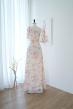 One shoulder floral bridesmaid dress Pale yellow floral chiffon maxi dress - Bonnie