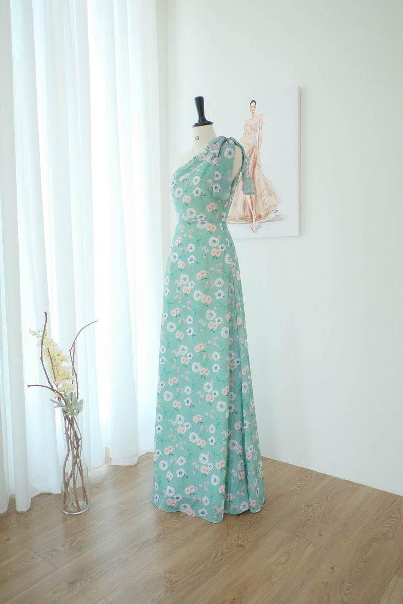 One shoulder floral bridesmaid dress Green floral chiffon maxi dress - Bonnie