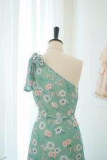 One shoulder floral bridesmaid dress Green floral chiffon maxi dress - Bonnie