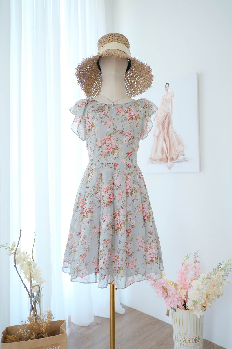Dusty blue floral chiffon bridesmaid dress pleated skirt backless short summer sundress - Audrey