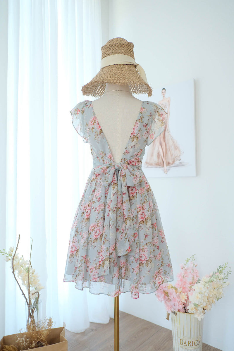 Dusty blue floral chiffon bridesmaid dress pleated skirt backless short summer sundress - Audrey