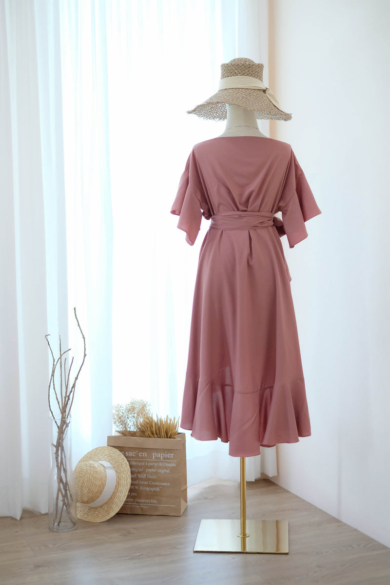 English rose pink bridesmaid dress Yellow Rosewood wrap dress Short sleeve Asymmetrically hem Hight low skirt wrap dress Party Prom Cocktail dress - ROSE