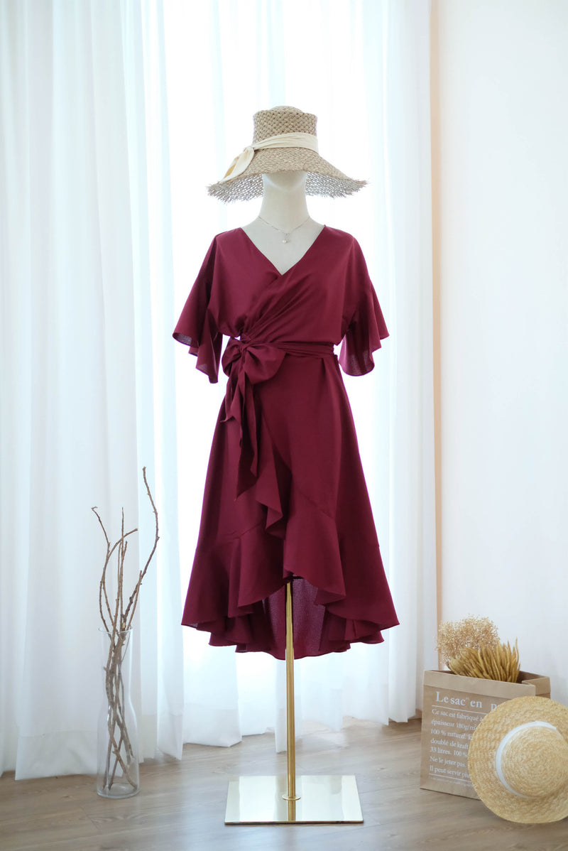 Burgundy bridesmaid dress Red Midi wrap dress Short sleeve Asymmetrically hem Hight low skirt wrap dress Party Prom Cocktail dress - ROSE