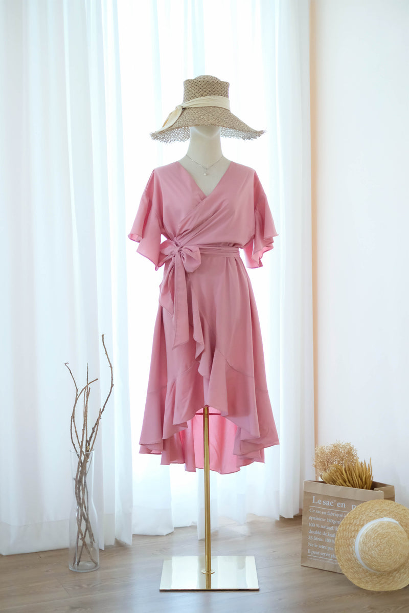 Dusty pink bridesmaid dress Pink nude wrap dress Short sleeve Asymmetrically hem Hight low skirt wrap dress Party Prom Cocktail dress - ROSE