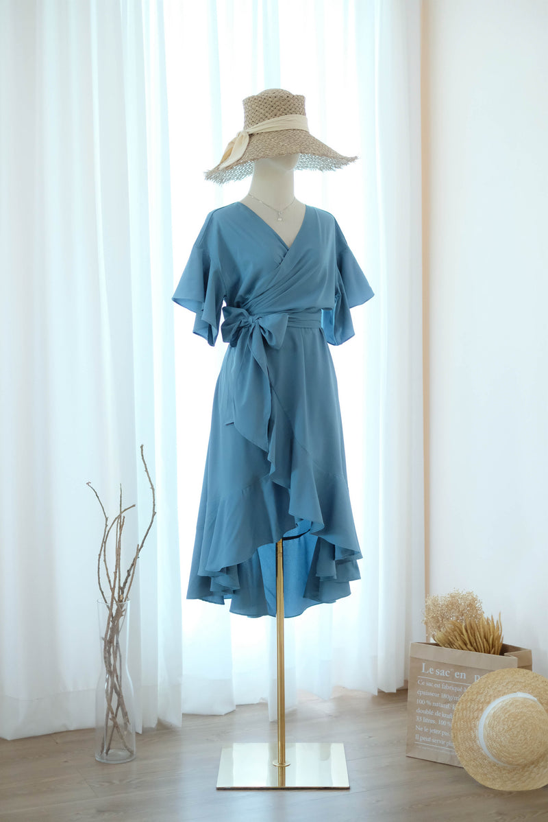 Pastel blue bridesmaid dress Dusty blue wrap dress Short sleeve Asymmetrically hem Hight low skirt wrap dress Party Prom Cocktail dress - ROSE