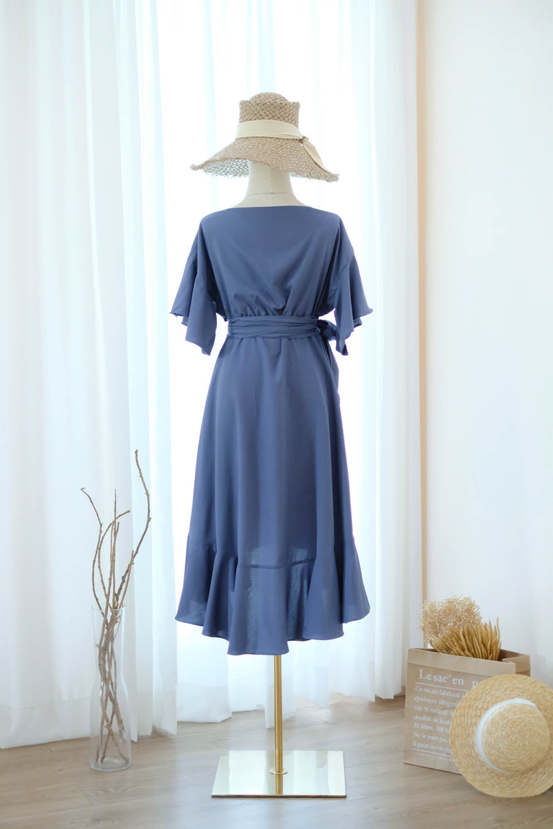 Slate gray bridesmaid dress Dusty Blue gray wrap dress Short sleeve Asymmetrically hem Hight low skirt wrap dress Party Prom Cocktail dress - ROSE