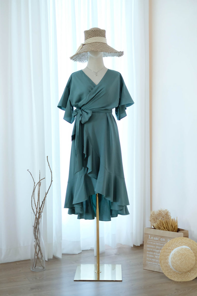 Earthy sage green bridesmaid dress Dark Sage green wrap dress Short sleeve Asymmetrically hem Hight low skirt wrap dress Party Prom Cocktail dress - ROSE